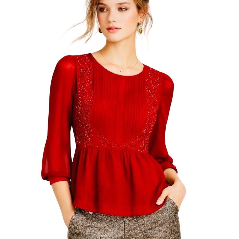 Maeve Anthropologie Peplum Blouse Top Womens Size 2 Red Embellished Sequin